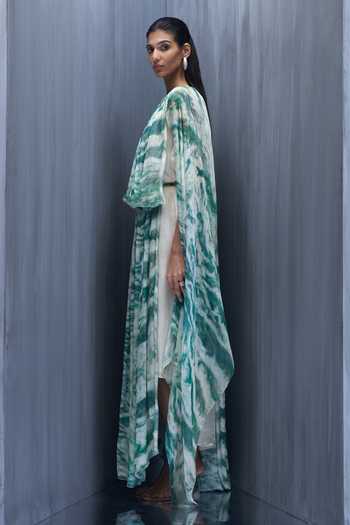 Richa Khemka_Green Chiffon, Satin Round Neck Wave Ruched Printed Dress With Jacket _Online_at_Aza_Fashions