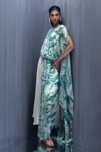 Buy_Richa Khemka_Green Chiffon, Satin Round Neck Wave Ruched Printed Dress With Jacket _Online_at_Aza_Fashions