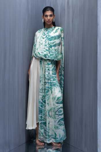 Buy_Richa Khemka_Green Chiffon, Satin Round Neck Wave Ruched Printed Dress With Jacket _at_Aza_Fashions