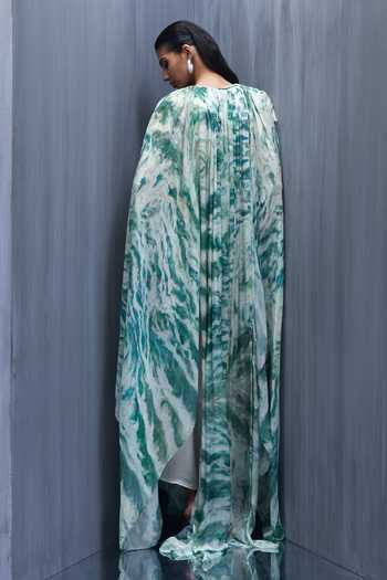 Shop_Richa Khemka_Green Chiffon, Satin Round Neck Wave Ruched Printed Dress With Jacket _at_Aza_Fashions