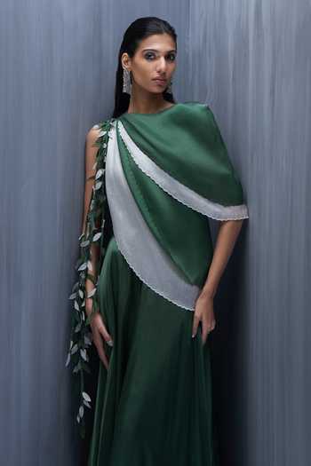 Richa Khemka_Green Satin Fabric Flowers One Shoulder Vantage 3d Leaf Embellished Draped Gown _Online_at_Aza_Fashions