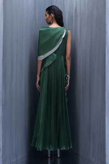 Shop_Richa Khemka_Green Satin Fabric Flowers One Shoulder Vantage 3d Leaf Embellished Draped Gown _at_Aza_Fashions
