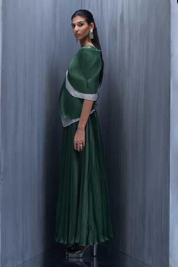 Buy_Richa Khemka_Green Satin Fabric Flowers One Shoulder Vantage 3d Leaf Embellished Draped Gown _Online_at_Aza_Fashions