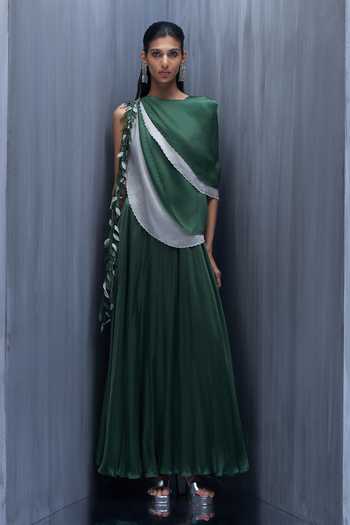 Buy_Richa Khemka_Green Satin Fabric Flowers One Shoulder Vantage 3d Leaf Embellished Draped Gown _at_Aza_Fashions