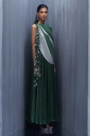 Shop_Richa Khemka_Green Satin Fabric Flowers One Shoulder Vantage 3d Leaf Embellished Draped Gown _Online_at_Aza_Fashions