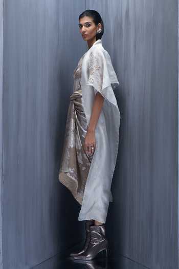 Richa Khemka_Beige Organza Cowl Neck Pip Hydrangea 3d Embellished Cape With Dress _Online_at_Aza_Fashions