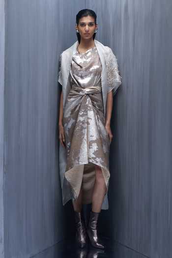Shop_Richa Khemka_Beige Organza Cowl Neck Pip Hydrangea 3d Embellished Cape With Dress _at_Aza_Fashions
