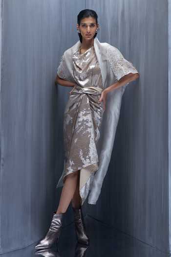 Buy_Richa Khemka_Beige Organza Cowl Neck Pip Hydrangea 3d Embellished Cape With Dress _at_Aza_Fashions
