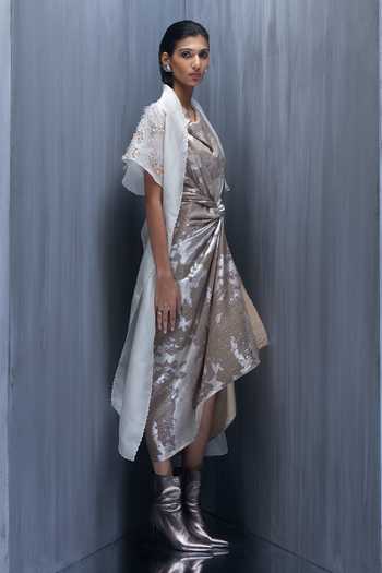 Buy_Richa Khemka_Beige Organza Cowl Neck Pip Hydrangea 3d Embellished Cape With Dress _Online_at_Aza_Fashions