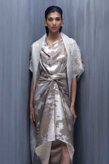 Shop_Richa Khemka_Beige Organza Cowl Neck Pip Hydrangea 3d Embellished Cape With Dress _Online_at_Aza_Fashions