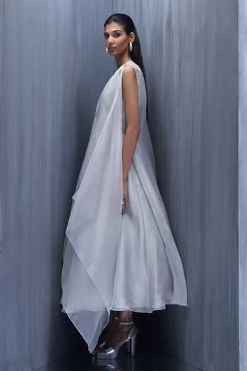 Richa Khemka_Silver Organza Sequins V-neck, One Shoulder Dress And Jacket Set _Online_at_Aza_Fashions