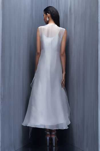 Shop_Richa Khemka_Silver Organza Sequins V-neck, One Shoulder Dress And Jacket Set _at_Aza_Fashions