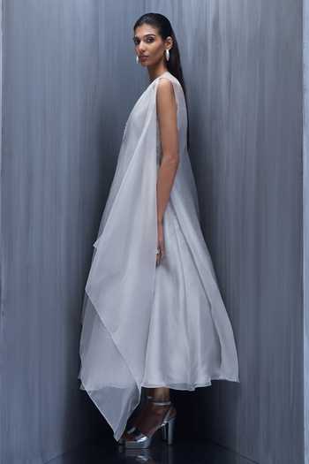 Buy_Richa Khemka_Silver Organza Sequins V-neck, One Shoulder Dress And Jacket Set _Online_at_Aza_Fashions
