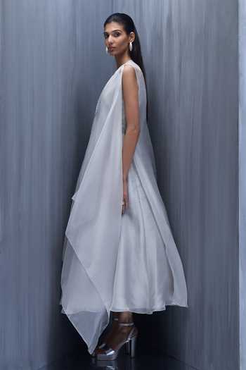 Shop_Richa Khemka_Silver Organza Sequins V-neck, One Shoulder Dress And Jacket Set _Online_at_Aza_Fashions