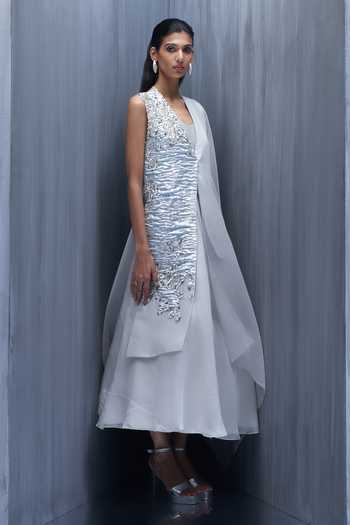 Richa Khemka_Silver Organza Sequins V-neck, One Shoulder Dress And Jacket Set _at_Aza_Fashions