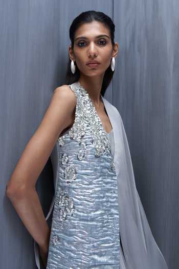 Buy_Richa Khemka_Silver Organza Sequins V-neck, One Shoulder Dress And Jacket Set 