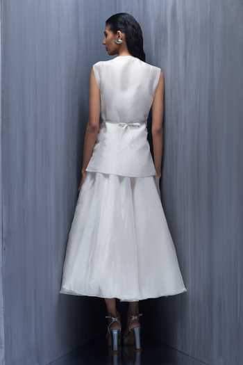 Shop_Richa Khemka_White Organza Embroidery, Sequins, Brocade Kanan Embellished Dress With Jacket _at_Aza_Fashions