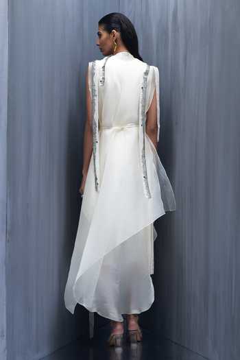 Shop_Richa Khemka_Ivory Organza, Satin Embroidery, Tassels V-neck, Open Quest Jacket With Dress _at_Aza_Fashions