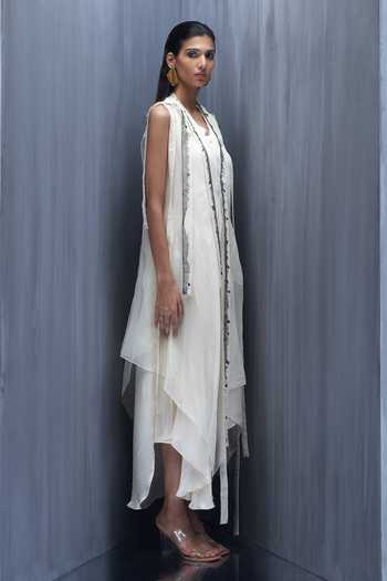 Richa Khemka_Ivory Organza, Satin Embroidery, Tassels V-neck, Open Quest Jacket With Dress _Online_at_Aza_Fashions