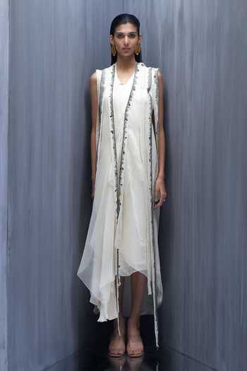 Buy_Richa Khemka_Ivory Organza, Satin Embroidery, Tassels V-neck, Open Quest Jacket With Dress _at_Aza_Fashions