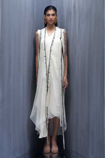 Buy_Richa Khemka_Ivory Organza, Satin Embroidery, Tassels V-neck, Open Quest Jacket With Dress _Online_at_Aza_Fashions