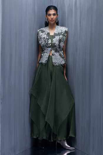 Buy_Richa Khemka_Silver Satin Sequins, Fringe V-neck, Bastian Embellished Jacket Sharara Set _at_Aza_Fashions