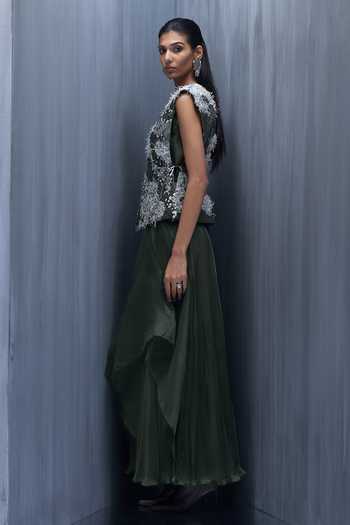 Shop_Richa Khemka_Silver Satin Sequins, Fringe V-neck, Bastian Embellished Jacket Sharara Set _at_Aza_Fashions