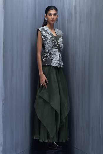Richa Khemka_Silver Satin Sequins, Fringe V-neck, Bastian Embellished Jacket Sharara Set _Online_at_Aza_Fashions
