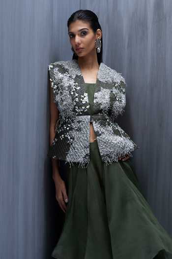 Buy_Richa Khemka_Silver Satin Sequins, Fringe V-neck, Bastian Embellished Jacket Sharara Set _Online_at_Aza_Fashions