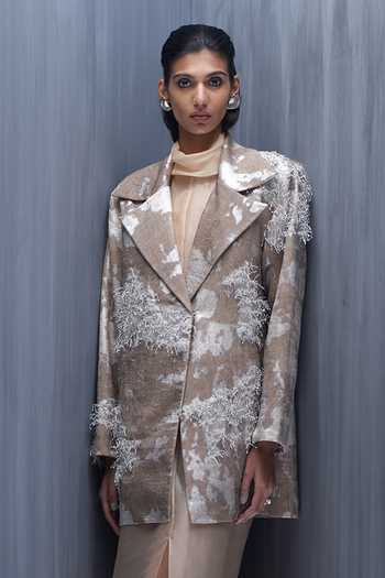 Shop_Richa Khemka_Beige Organza Embroidery Vantage Floriana Hand Blazer _Online_at_Aza_Fashions