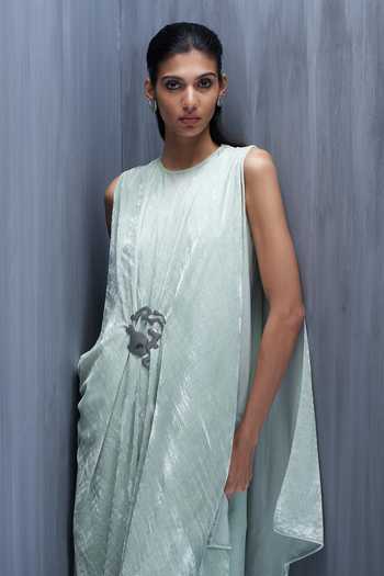 Richa Khemka_Green Velvet, Satin Round Neck Seiden Asymmetric Cape With Jumpsuit _Online_at_Aza_Fashions