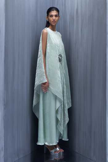 Buy_Richa Khemka_Green Velvet, Satin Round Neck Seiden Asymmetric Cape With Jumpsuit _Online_at_Aza_Fashions