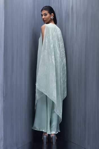Shop_Richa Khemka_Green Velvet, Satin Round Neck Seiden Asymmetric Cape With Jumpsuit _at_Aza_Fashions
