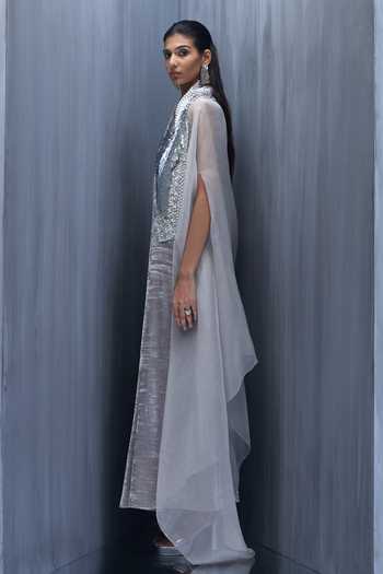 Richa Khemka_Grey Organza, Velvet Alpacca Embellished Cape With Jumpsuit _Online_at_Aza_Fashions