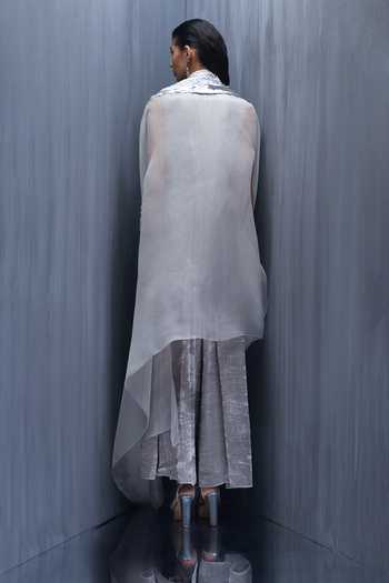 Shop_Richa Khemka_Grey Organza, Velvet Alpacca Embellished Cape With Jumpsuit _at_Aza_Fashions