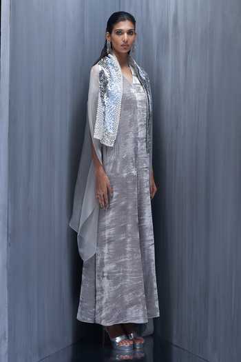 Buy_Richa Khemka_Grey Organza, Velvet Alpacca Embellished Cape With Jumpsuit _Online_at_Aza_Fashions