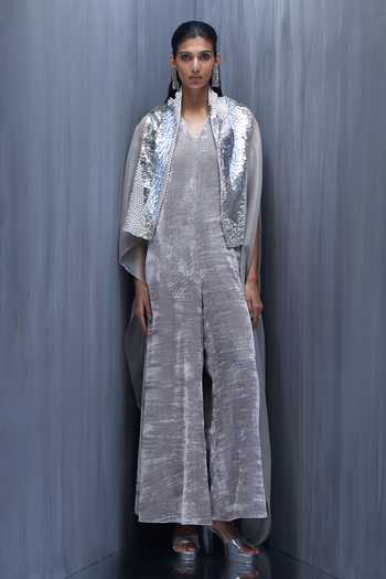 Buy_Richa Khemka_Grey Organza, Velvet Alpacca Embellished Cape With Jumpsuit _at_Aza_Fashions