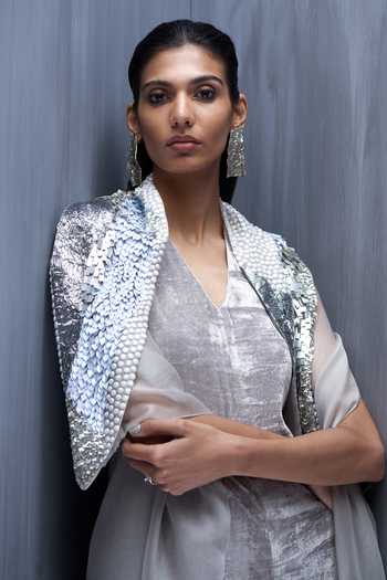 Shop_Richa Khemka_Grey Organza, Velvet Alpacca Embellished Cape With Jumpsuit _Online_at_Aza_Fashions