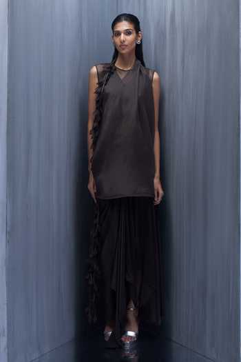 Buy_Richa Khemka_Brown Organza, Satin Applique High Neck, Brunette Low Jacket With Dress _at_Aza_Fashions