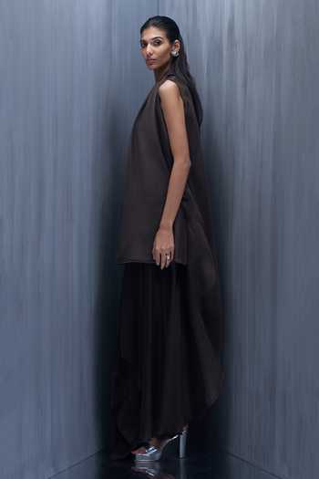 Richa Khemka_Brown Organza, Satin Applique High Neck, Brunette Low Jacket With Dress _Online_at_Aza_Fashions