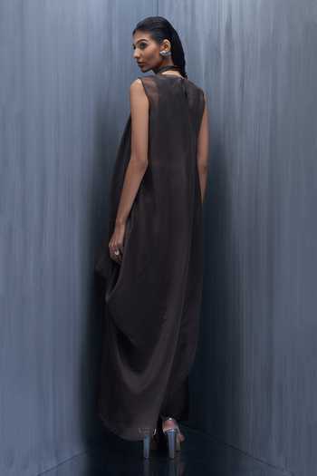Shop_Richa Khemka_Brown Organza, Satin Applique High Neck, Brunette Low Jacket With Dress _at_Aza_Fashions