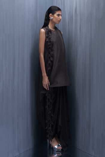 Buy_Richa Khemka_Brown Organza, Satin Applique High Neck, Brunette Low Jacket With Dress _Online_at_Aza_Fashions