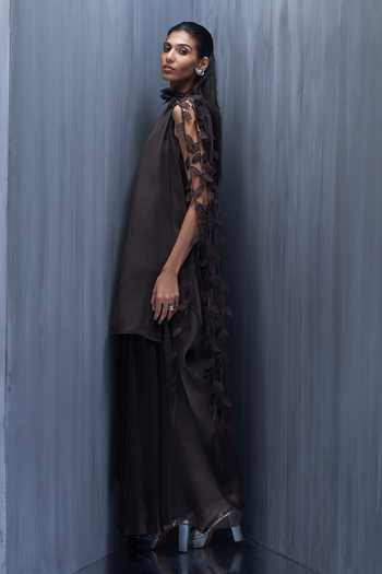 Shop_Richa Khemka_Brown Organza, Satin Applique High Neck, Brunette Low Jacket With Dress _Online_at_Aza_Fashions