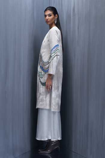 Buy_Richa Khemka_Grey Satin, Velvet Embroidery, Sequins Vellus Embellished Jacket With Jumpsuit _Online_at_Aza_Fashions