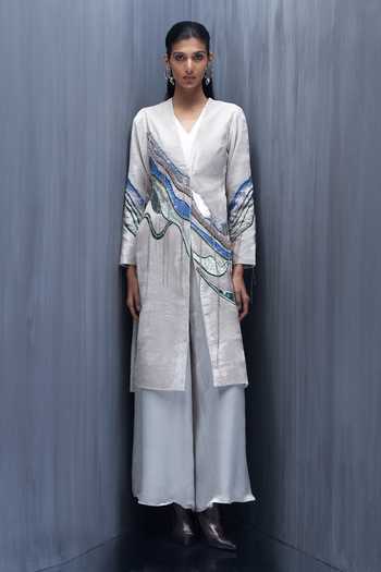 Buy_Richa Khemka_Grey Satin, Velvet Embroidery, Sequins Vellus Embellished Jacket With Jumpsuit _at_Aza_Fashions