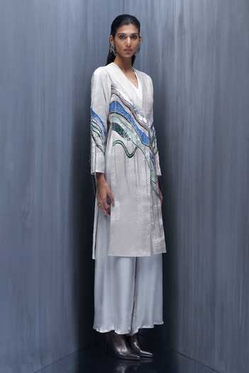 Shop_Richa Khemka_Grey Satin, Velvet Embroidery, Sequins Vellus Embellished Jacket With Jumpsuit _Online_at_Aza_Fashions