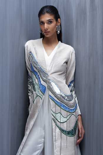Richa Khemka_Grey Satin, Velvet Embroidery, Sequins Vellus Embellished Jacket With Jumpsuit _at_Aza_Fashions