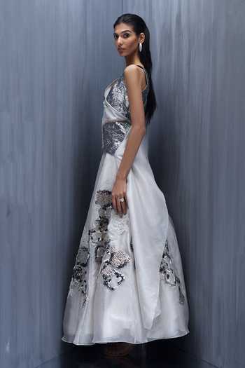 Shop_Richa Khemka_White Organza, Tissue Embroidery, Applique Brocado Orchedia Cape Skirt Set _at_Aza_Fashions