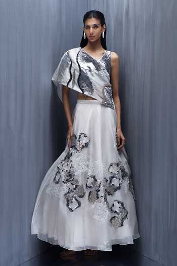 Buy_Richa Khemka_White Organza, Tissue Embroidery, Applique Brocado Orchedia Cape Skirt Set _at_Aza_Fashions
