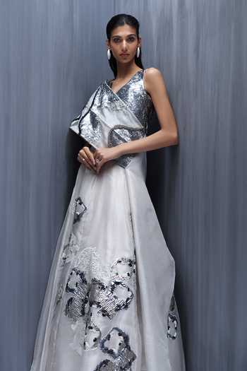 Richa Khemka_White Organza, Tissue Embroidery, Applique Brocado Orchedia Cape Skirt Set _Online_at_Aza_Fashions